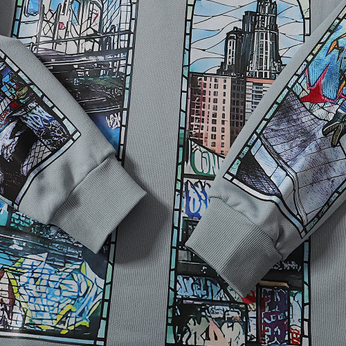 Blue Urban Print Loose‑Fit Sweatshirt