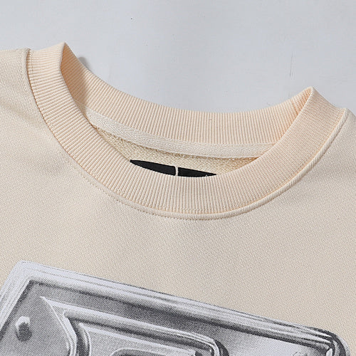 Beige 3D Silver‑Tone Graphic Print Crewneck Sweatshirt