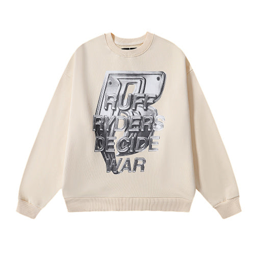 Beige 3D Silver‑Tone Graphic Print Crewneck Sweatshirt
