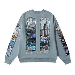 Blue Urban Print Loose‑Fit Sweatshirt