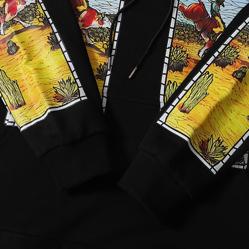 Black Scenery‑Print Long‑Sleeve Oversized Pullover Hoodie