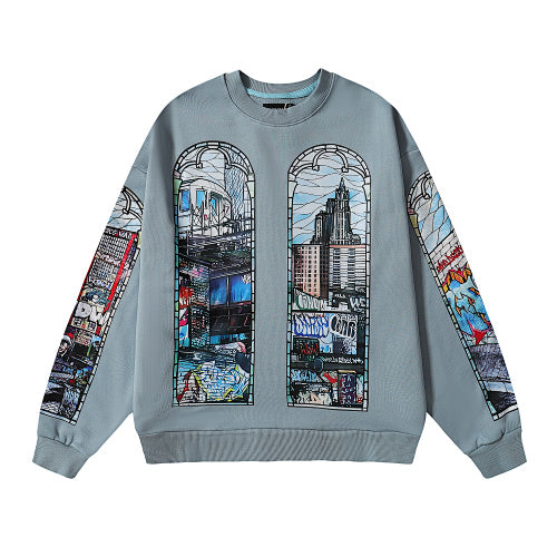 Blue Urban Print Loose‑Fit Sweatshirt