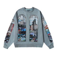 Blue Urban Print Loose‑Fit Sweatshirt