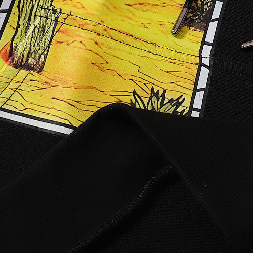 Black Scenery‑Print Long‑Sleeve Oversized Pullover Hoodie